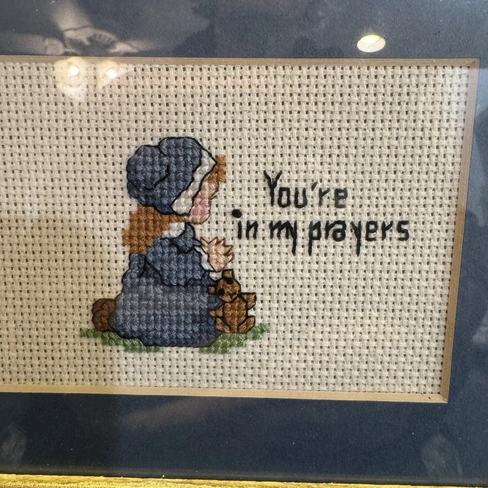 Vintage Blue Needlepoint Wall Art Decor Praying Girl 